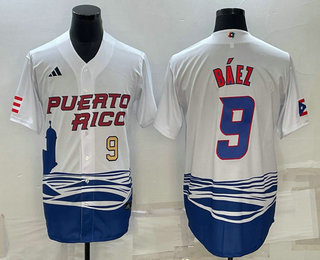 Mens Puerto Rico Baseball #9 Javier Baez Number White 2023 World Baseball Classic Stitched Jerseys